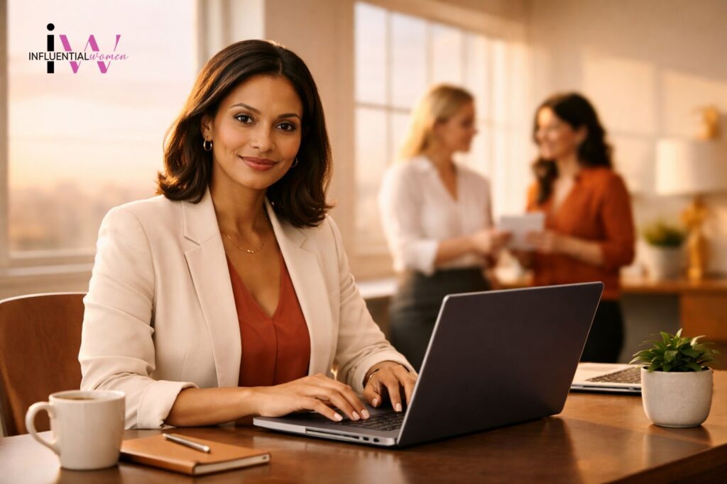 Confident professional woman working on a laptop